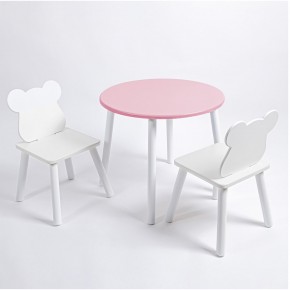 Комплект детский стол КРУГЛЫЙ и два стула МИШКА ROLTI Baby (розовая столешница/белое сиденье/белые ножки) в Березниках - berezniki.ok-mebel.com | фото